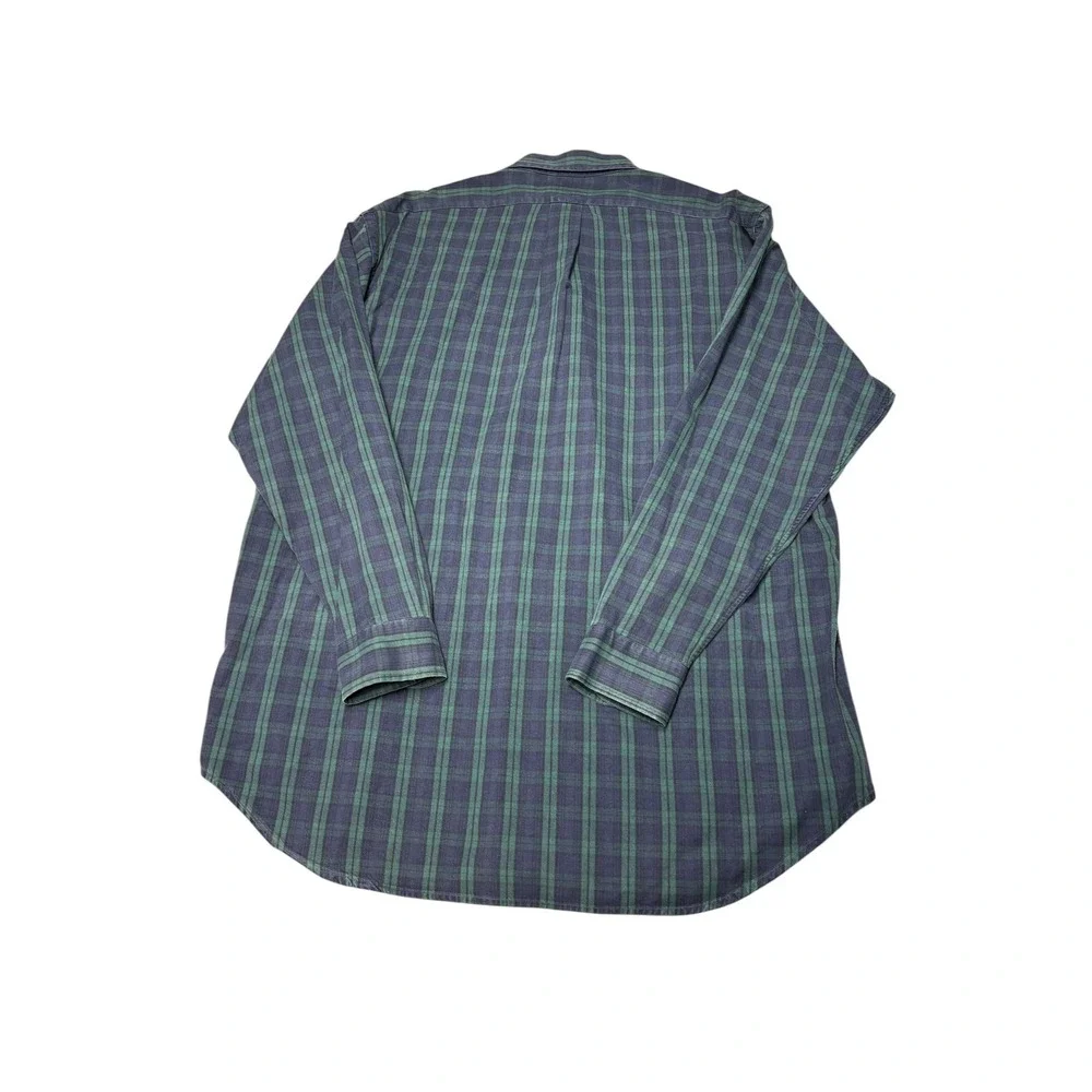Ralph Lauren Big Shirt Mens Large Green Navy Blue Plaid Cotton Button Down Logo